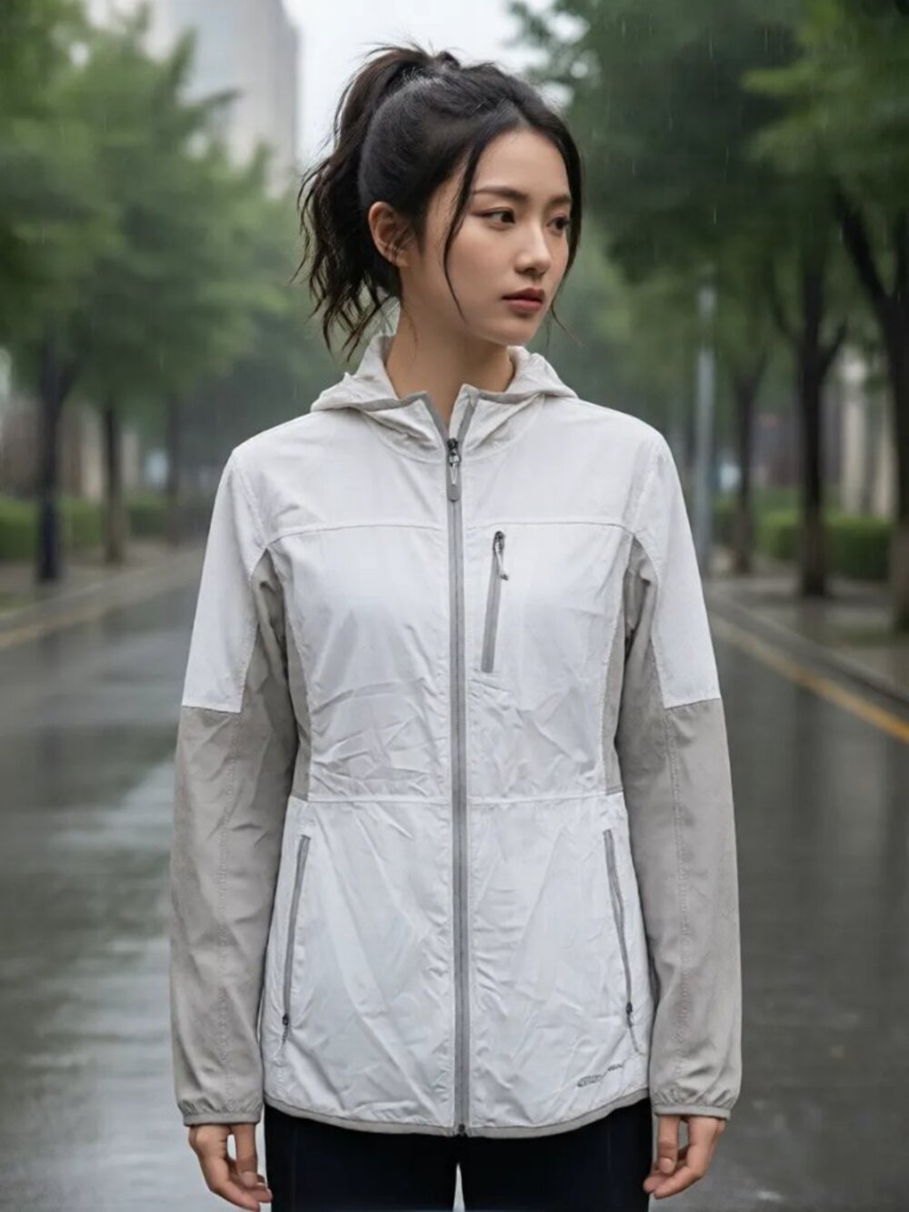 Eddie Bauer White and Light Gray Lightweight Hooded Jacket Waterproof Size XL